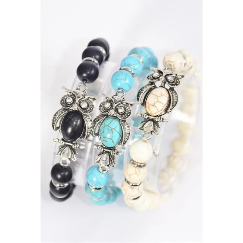25004 Set of Three 10 mm Semiprecious Stone Owl Bracelet Jewelry Lot - Picture 1 of 1